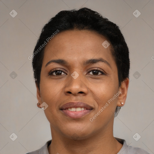 Joyful latino young-adult female with short  black hair and brown eyes