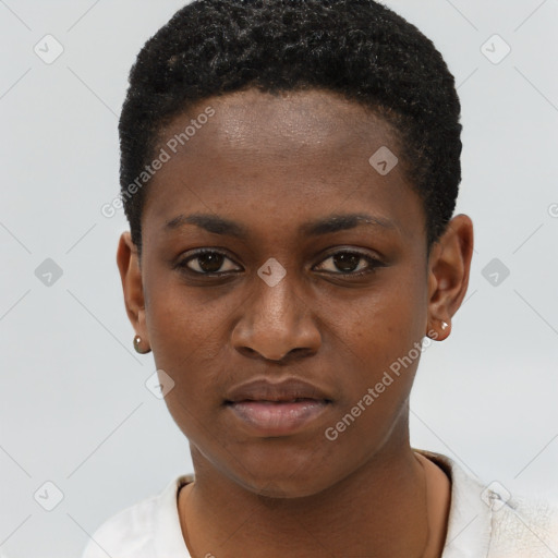 Neutral black young-adult female with short  black hair and brown eyes