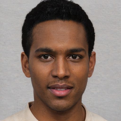 Neutral black young-adult male with short  black hair and brown eyes