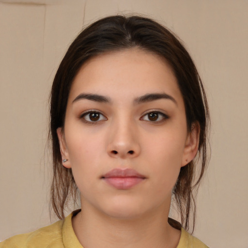 Neutral asian young-adult female with medium  brown hair and brown eyes