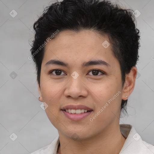 Joyful latino young-adult female with short  brown hair and brown eyes