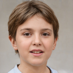 Joyful white child female with short  brown hair and brown eyes