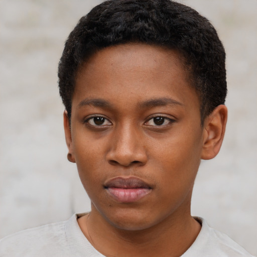 Neutral black young-adult female with short  black hair and brown eyes