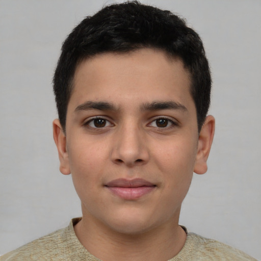 Joyful latino young-adult male with short  brown hair and brown eyes