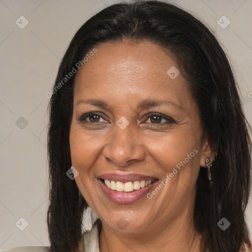 Joyful black adult female with medium  brown hair and brown eyes