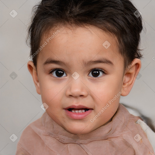 Joyful white child female with short  brown hair and brown eyes