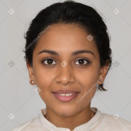 Joyful latino young-adult female with short  brown hair and brown eyes