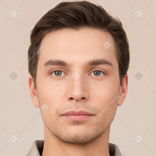 Neutral white young-adult male with short  brown hair and brown eyes