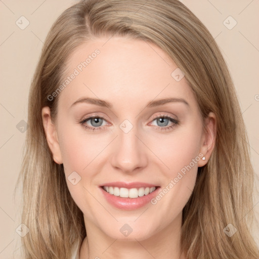 Joyful white young-adult female with long  brown hair and grey eyes