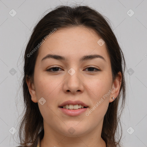 Joyful white young-adult female with medium  brown hair and brown eyes