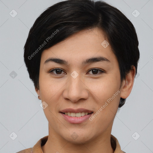 Joyful asian young-adult female with short  brown hair and brown eyes