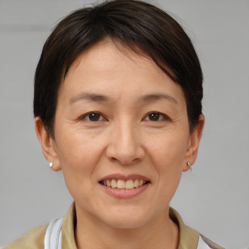 Joyful white adult female with short  brown hair and brown eyes