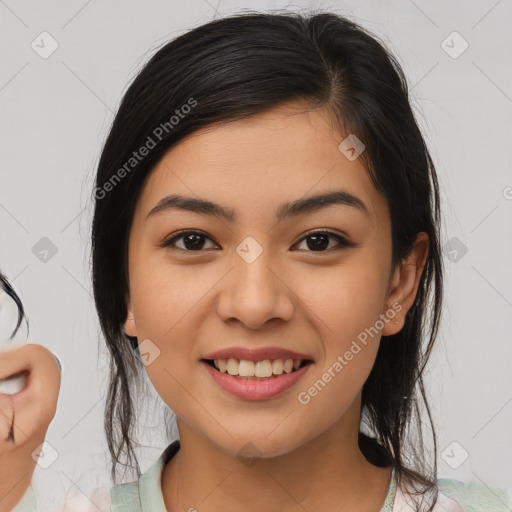 Joyful asian young-adult female with medium  brown hair and brown eyes