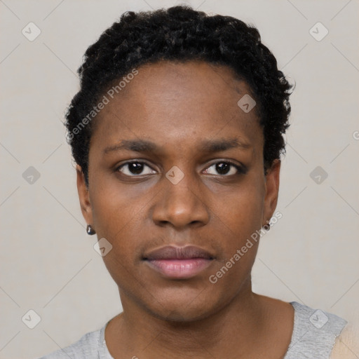 Neutral black young-adult female with short  black hair and brown eyes