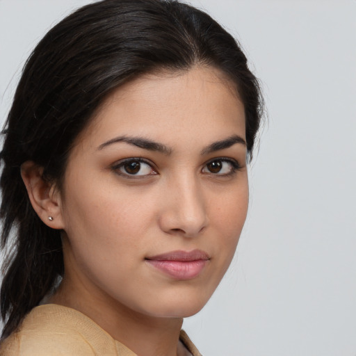 Neutral white young-adult female with medium  brown hair and brown eyes