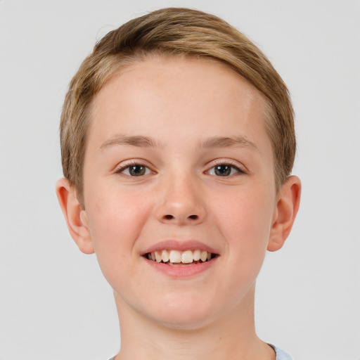 Joyful white child female with short  brown hair and brown eyes