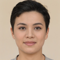 Joyful asian young-adult female with short  brown hair and brown eyes