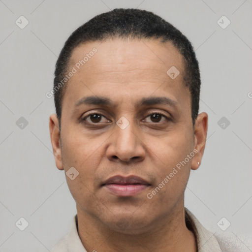 Neutral latino adult male with short  black hair and brown eyes