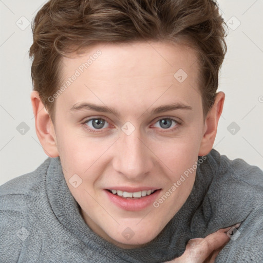 Joyful white young-adult female with short  brown hair and blue eyes