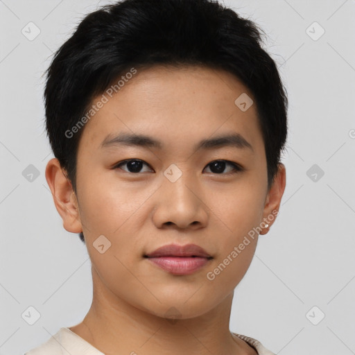 Joyful asian young-adult male with short  black hair and brown eyes