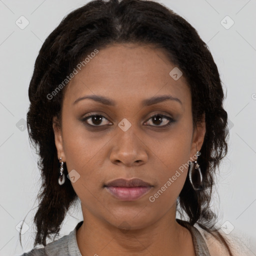 Joyful black young-adult female with medium  brown hair and brown eyes