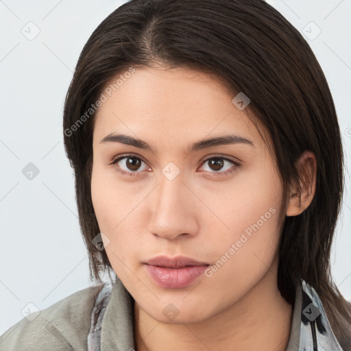 Neutral white young-adult female with medium  brown hair and brown eyes