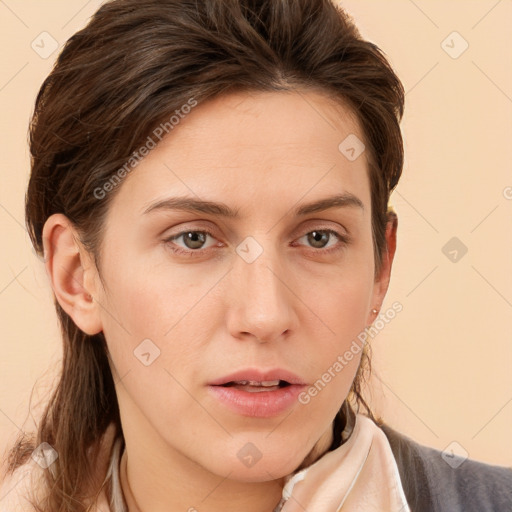 Neutral white young-adult female with long  brown hair and grey eyes