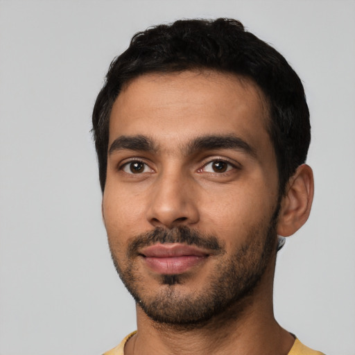 Neutral latino young-adult male with short  black hair and brown eyes