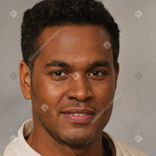 Neutral black young-adult male with short  black hair and brown eyes