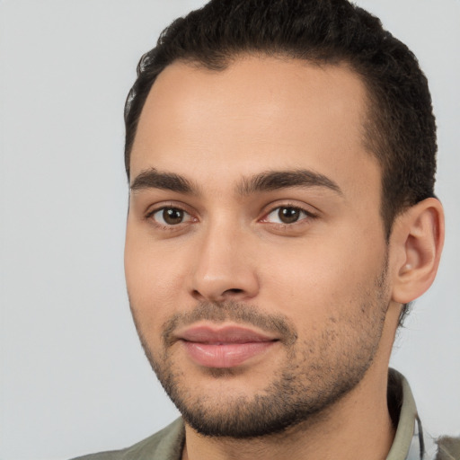 Neutral white young-adult male with short  brown hair and brown eyes