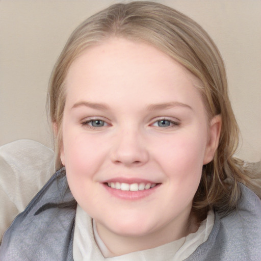 Joyful white child female with medium  brown hair and blue eyes