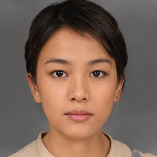Neutral white young-adult female with short  brown hair and brown eyes