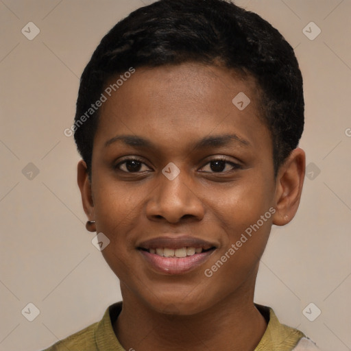 Joyful latino young-adult female with short  black hair and brown eyes