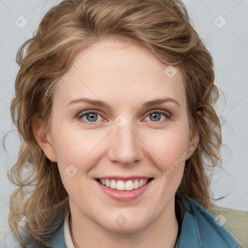 Joyful white young-adult female with medium  brown hair and blue eyes