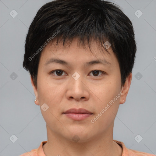 Neutral asian young-adult male with short  brown hair and brown eyes