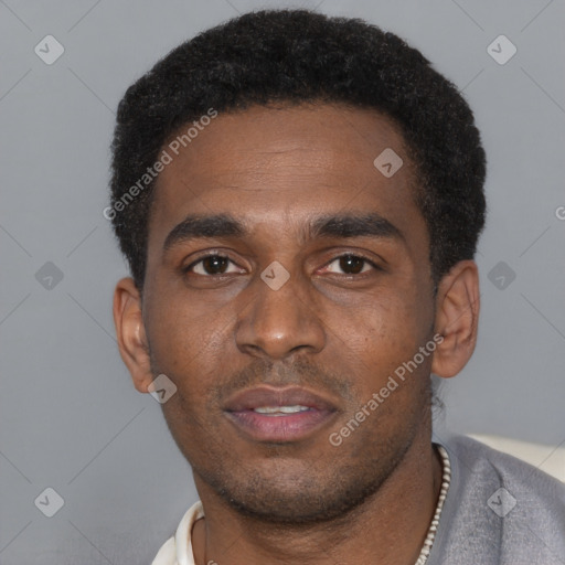 Neutral latino young-adult male with short  black hair and brown eyes