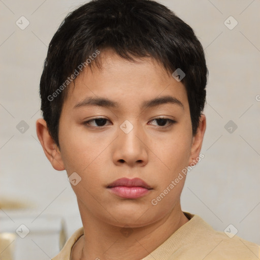 Neutral asian young-adult female with short  brown hair and brown eyes