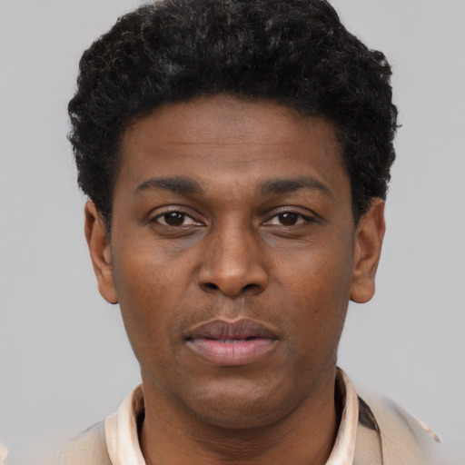 Neutral black young-adult male with short  black hair and brown eyes