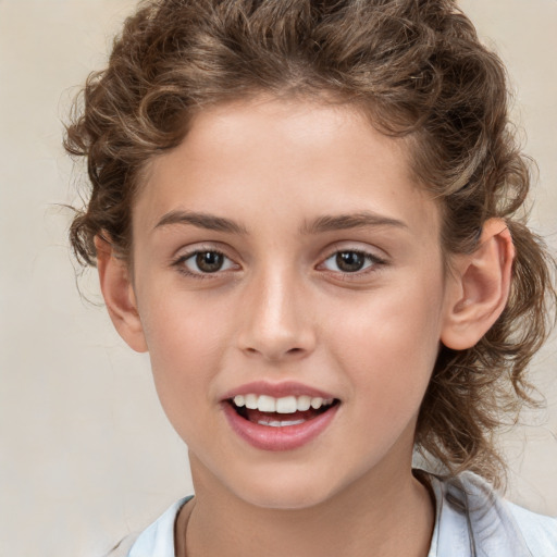 Joyful white child female with medium  brown hair and brown eyes