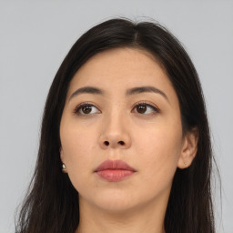 Neutral asian young-adult female with long  brown hair and brown eyes