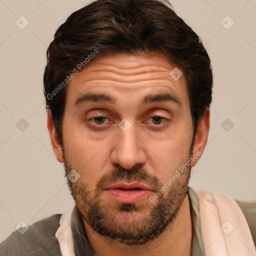 Joyful white adult male with short  brown hair and brown eyes