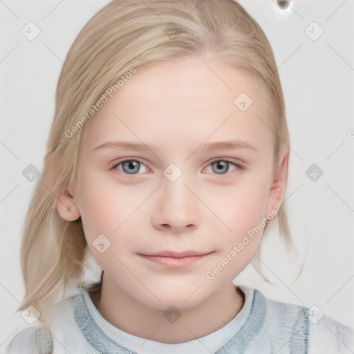 Neutral white child female with medium  brown hair and blue eyes