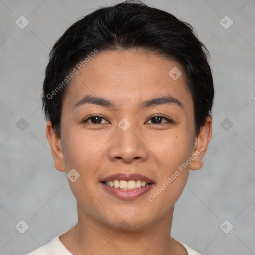 Joyful asian young-adult female with short  brown hair and brown eyes