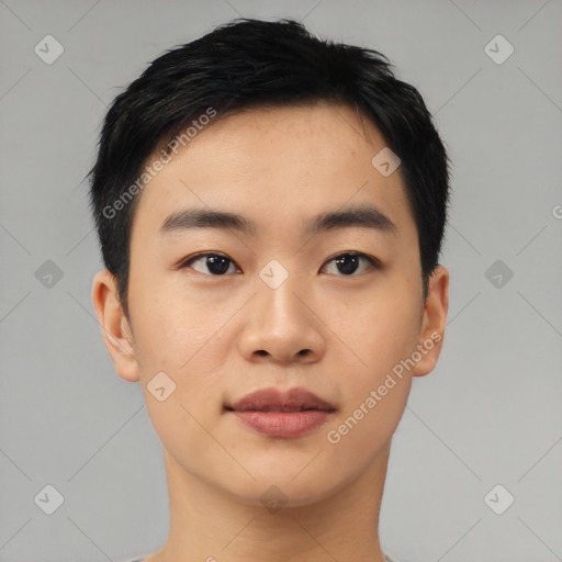 Neutral asian young-adult male with short  black hair and brown eyes