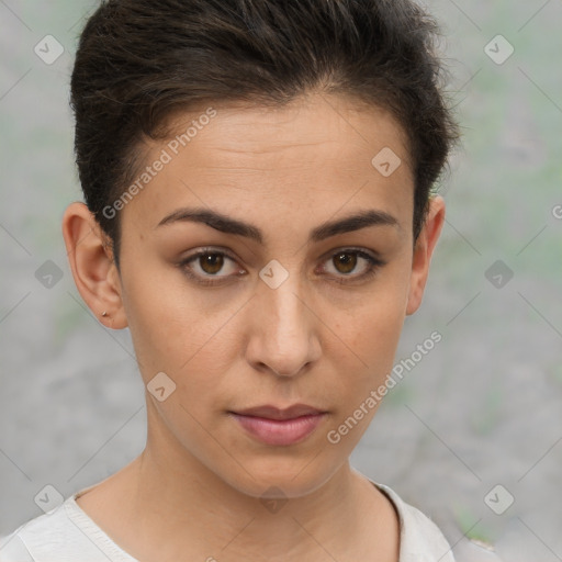 Neutral white young-adult female with short  brown hair and brown eyes