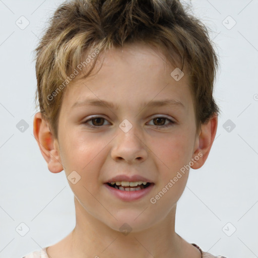 Joyful white child male with short  brown hair and brown eyes