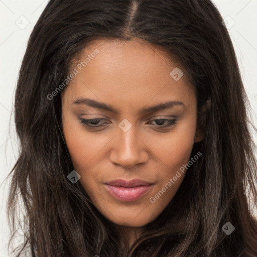 Joyful asian young-adult female with long  brown hair and brown eyes