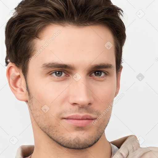 Neutral white young-adult male with short  brown hair and brown eyes