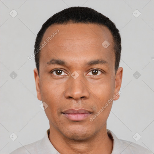 Neutral black young-adult male with short  black hair and brown eyes