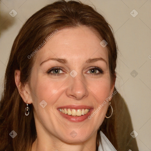 Joyful white young-adult female with medium  brown hair and blue eyes